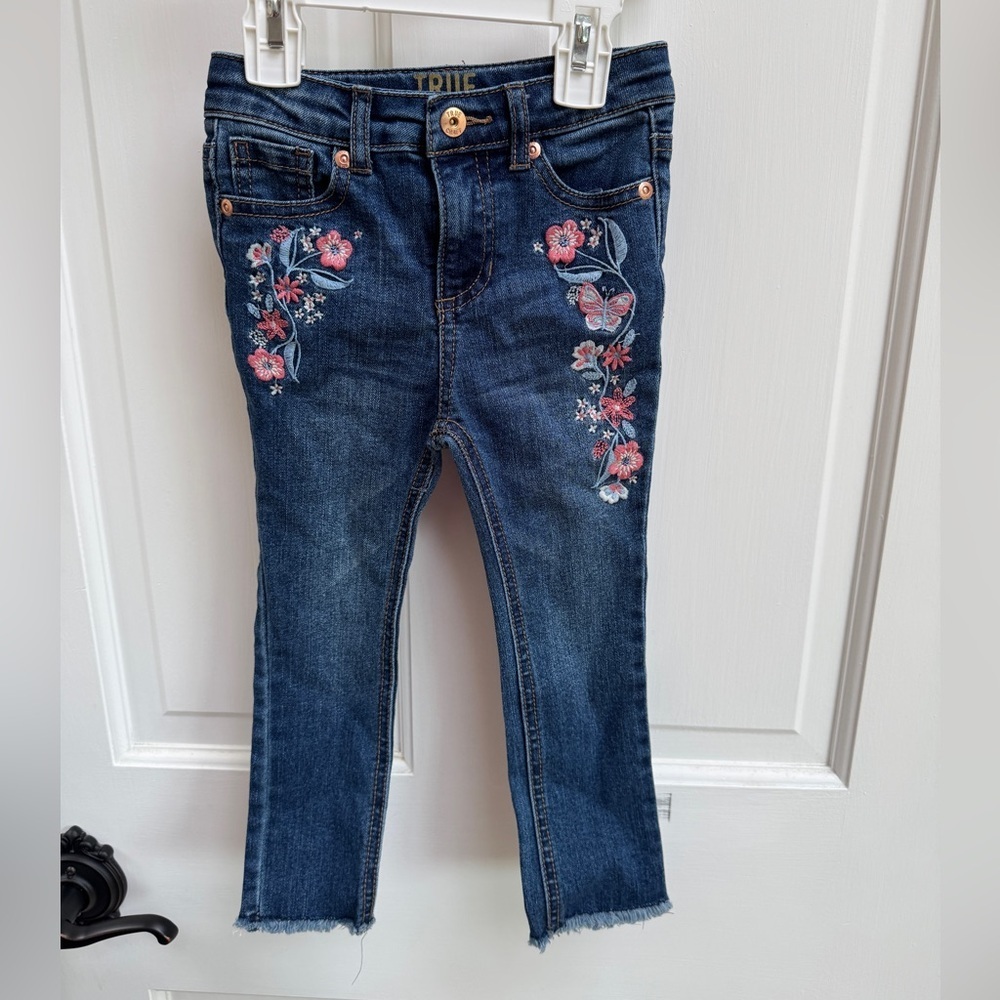 True Craft 3T Girls Blue Denim Jeans with Floral and Butrerfly Embroidery